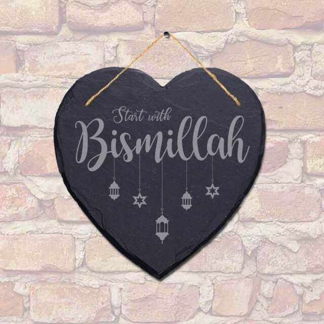 start With Bismillah Engraved Wall Hanging Islamic Heart Home Slate Plaque Sign - image 1