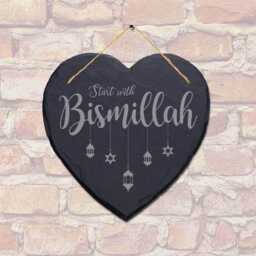 start With Bismillah Engraved Wall Hanging Islamic Heart Home Slate Plaque Sign