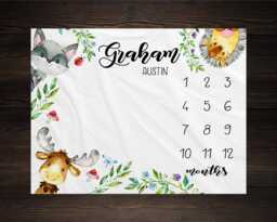 Forest Baby Milestone Blanket Month Growth Tracker Fleece Shower Newborn Forrest Animals Moose Racoon Hedgehog - thumbnail 1