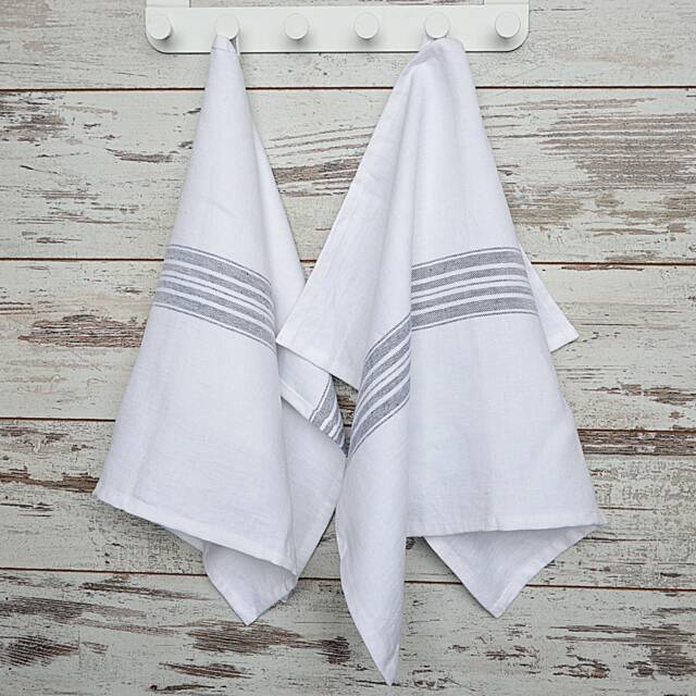 Thick Linen Towel White With Grayish Blue Stripes, Spa, Durable - image 1