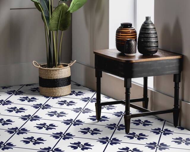 Maroccan Modern Tiles Background Vinyl Flooring, White Linoleum in Roll, Blue Abstract Decor, Minimalist Comfort Floor, Waterproof Material - image 1