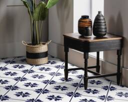 Maroccan Modern Tiles Background Vinyl Flooring, White Linoleum in Roll, Blue Abstract Decor, Minimalist Comfort Floor, Waterproof Material - thumbnail 1