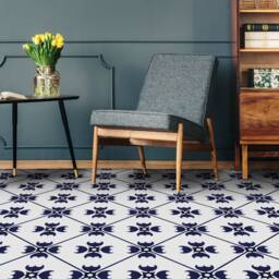 Maroccan Modern Tiles Background Vinyl Flooring, White Linoleum in Roll, Blue Abstract Decor, Minimalist Comfort Floor, Waterproof Material - thumbnail 3