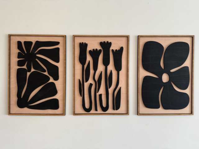 Abstract Flower Wood Wall Art, Mid Century Modern, Set Of 3 - image 1