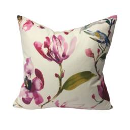 Magenta Floral Watercolor Pillow Cover, Bird Accent, Spring Decor - thumbnail 2