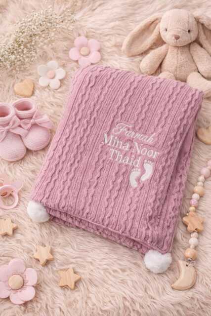 Personalised Pink Baby Blanket - Custom Name Cable Knit Newborn With Pom Poms - Girl Gift Shower Keepsake - image 1