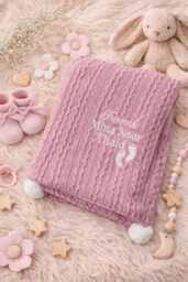 Personalised Pink Baby Blanket - Custom Name Cable Knit Newborn With Pom Poms - Girl Gift Shower Keepsake - thumbnail 1
