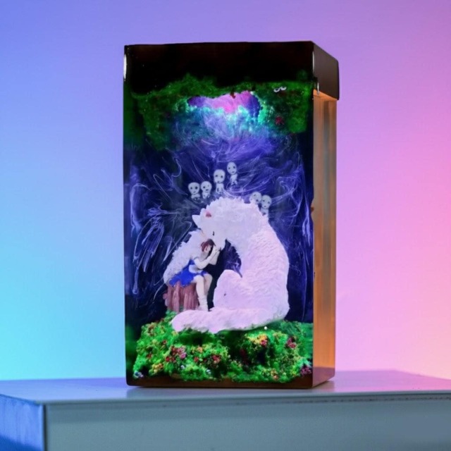 Premium Princess Mononoke Inspired Resin Lamp - Handmade Forest Spirit Led Light, Wolf Diorama Lamp, Studio Ghibli Gift, Fantasy Art Decor - image 1