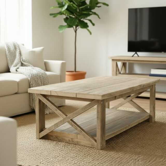 Winford Reclaimed Wood Coffee Table With X Design, Handmade Rustic Furniture - image 1