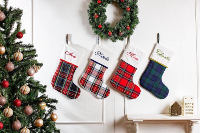Personalized Plaid Christmas Stockings With Pompom Trimmed Cuff, Family Stockings, Tartan - image 1