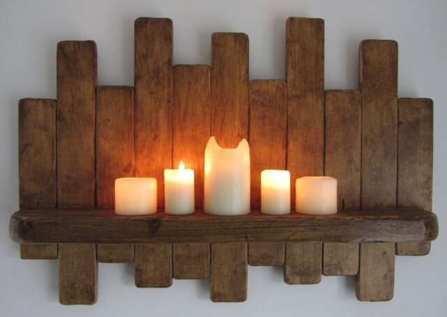 Large 76cm Reclaimed Pallet Wood Floating Shelf/Wine Rack Led Candle Holder Shabby Chic Country Cottage Furniture - image 1