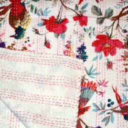 Indian Handmade Hand Block Bird Print Ralli Gudari Stitched Kantha Quilt Blanket Bohemian Blanket Vintage Cotton Bedspread Throw - thumbnail 2