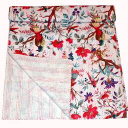Indian Handmade Hand Block Bird Print Ralli Gudari Stitched Kantha Quilt Blanket Bohemian Blanket Vintage Cotton Bedspread Throw - thumbnail 3