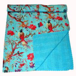 Indian Handmade Hand Block Bird Print Ralli Gudari Stitched Kantha Quilt Blanket Bohemian Blanket Vintage Cotton Bedspread Throw - thumbnail 4