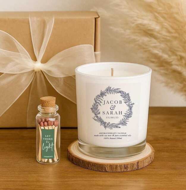 Personalized Wedding Candle Gift Set Botanical Wreath, Soy Wax, Matches & Box - image 1