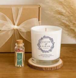 Personalized Wedding Candle Gift Set Botanical Wreath, Soy Wax, Matches & Box - thumbnail 1