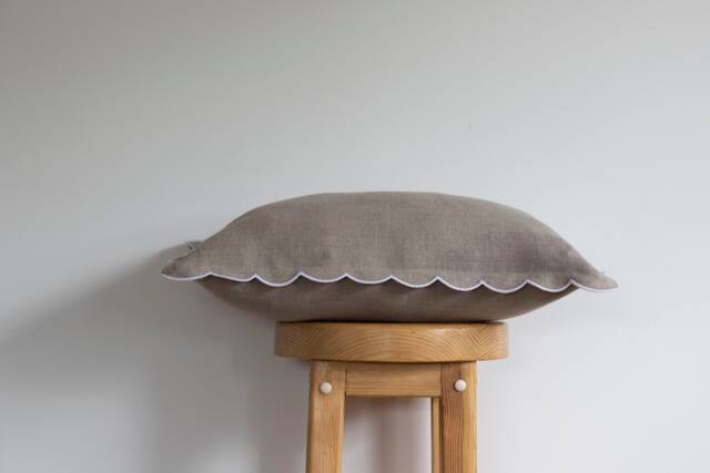 Natural Linen Pillow Cover - White Scalloped Edge, Home Decor - image 1