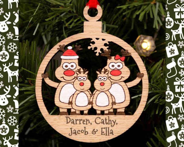 Personalised Family Reindeer Christmas Bauble Engraved Wood Decoration - image 1