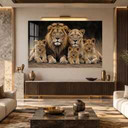 Lion Family Portrait Tempered Glass Wall Art, Animal Wildlife Decor, Large Horizontal Modern Art For Living Room - thumbnail 3
