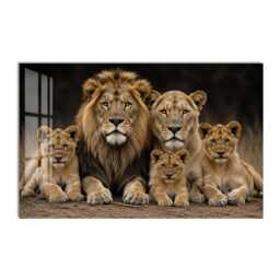 Lion Family Portrait Tempered Glass Wall Art, Animal Wildlife Decor, Large Horizontal Modern Art For Living Room - thumbnail 1