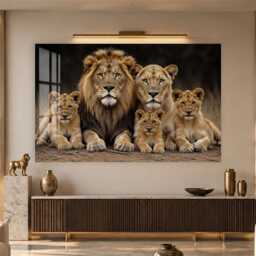 Lion Family Portrait Tempered Glass Wall Art, Animal Wildlife Decor, Large Horizontal Modern Art For Living Room - thumbnail 2
