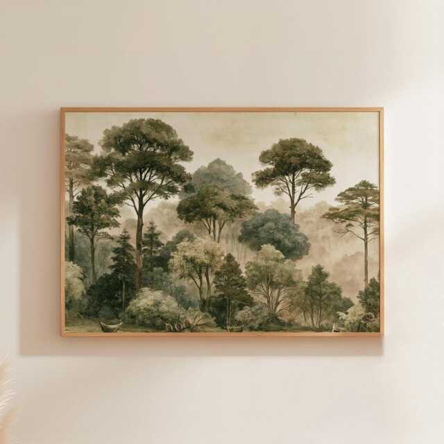 Green Forest Poster, Vintage Woodland Print, Landscape Wall Art, Paper - image 1