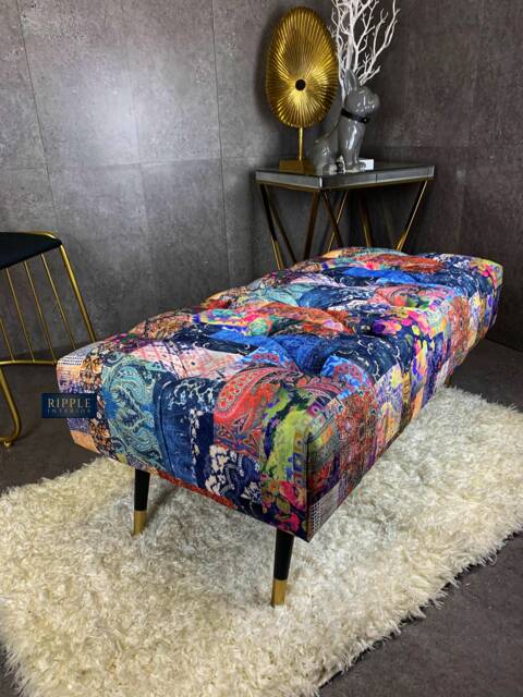 Footstool Patchwork Multicolor Printed Fabric Living Room Ottoman Pouffe Bench, Handmade in U.K - image 1