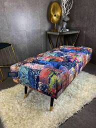 Footstool Patchwork Multicolor Printed Fabric Living Room Ottoman Pouffe Bench, Handmade in U.K - thumbnail 1