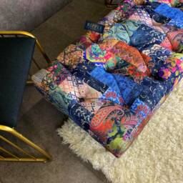 Footstool Patchwork Multicolor Printed Fabric Living Room Ottoman Pouffe Bench, Handmade in U.K - thumbnail 2