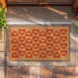 Retro Orange Checkerboard Doormat - Sunburst Pattern Porch Rug Trendy Coir Mat - thumbnail 3