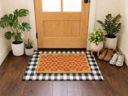 Retro Orange Checkerboard Doormat - Sunburst Pattern Porch Rug Trendy Coir Mat - thumbnail 1
