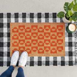 Retro Orange Checkerboard Doormat - Sunburst Pattern Porch Rug Trendy Coir Mat - thumbnail 4