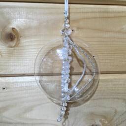 Flat Glass Bauble With Pearl, Clear & Silver Beads - Hanging Decoration Christmas Tree Ornament Gift Holiday Anniversary Wedding Winter