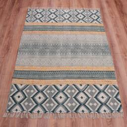 Block Printed Cotton Rug - Bohemian Woven Area With Fringe - thumbnail 1