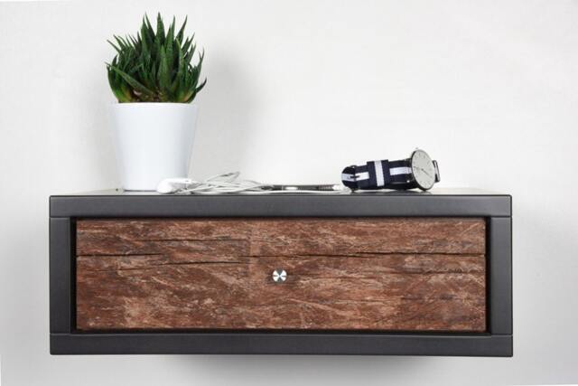 Stone Gray Floating Bedside Table With 1 Drawer in Old Wood/Modern Console Mid-Century Style - image 1