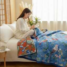 Blue Bird Floral Quilt - Botanical Bedspread Blanket Lightweight Summer Nature Inspired Bedding Cozy Throw Bed Cover - thumbnail 3