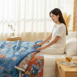 Blue Bird Floral Quilt - Botanical Bedspread Blanket Lightweight Summer Nature Inspired Bedding Cozy Throw Bed Cover - thumbnail 1