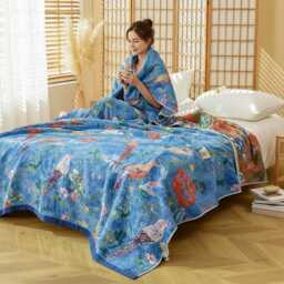 Blue Bird Floral Quilt - Botanical Bedspread Blanket Lightweight Summer Nature Inspired Bedding Cozy Throw Bed Cover - thumbnail 2