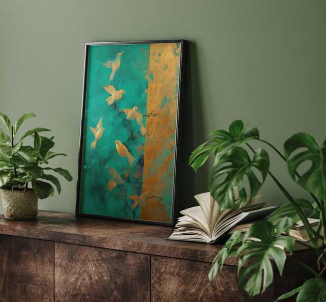 Emerald Green & Gold Flock Of Birds Wall Art Print - Abstract Nature Decor - image 1