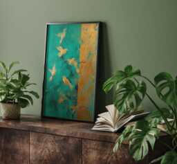 Emerald Green & Gold Flock Of Birds Wall Art Print - Abstract Nature Decor - thumbnail 1