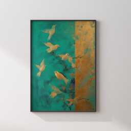 Emerald Green & Gold Flock Of Birds Wall Art Print - Abstract Nature Decor - thumbnail 3