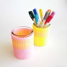 Beadwoven Plant Pot Holder Set Bright Colorful Desk Organizer - thumbnail 2