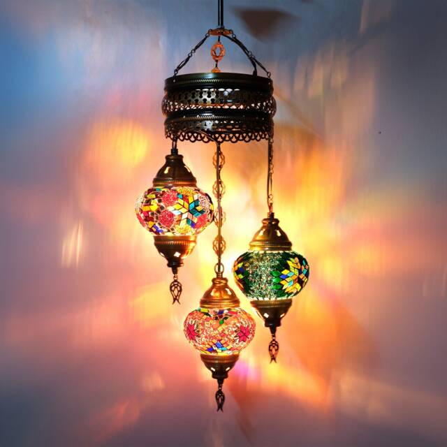 3 Globe Turkish Mosaic Chandelier Bohemian Hanging Lamp - image 1