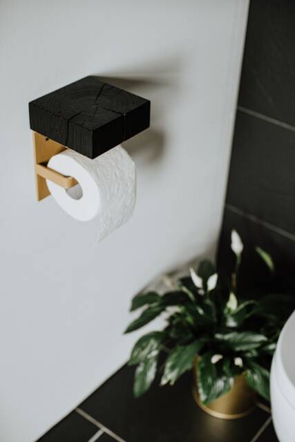 Black Wood Toilet Paper Holder With Gold Shelf, Bathroom Decor - image 1