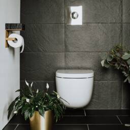 Black Wood Toilet Paper Holder With Gold Shelf, Bathroom Decor - thumbnail 4