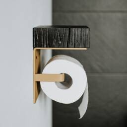 Black Wood Toilet Paper Holder With Gold Shelf, Bathroom Decor - thumbnail 3