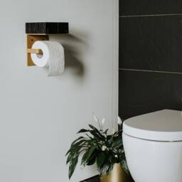 Black Wood Toilet Paper Holder With Gold Shelf, Bathroom Decor - thumbnail 2