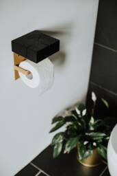 Black Wood Toilet Paper Holder With Gold Shelf, Bathroom Decor