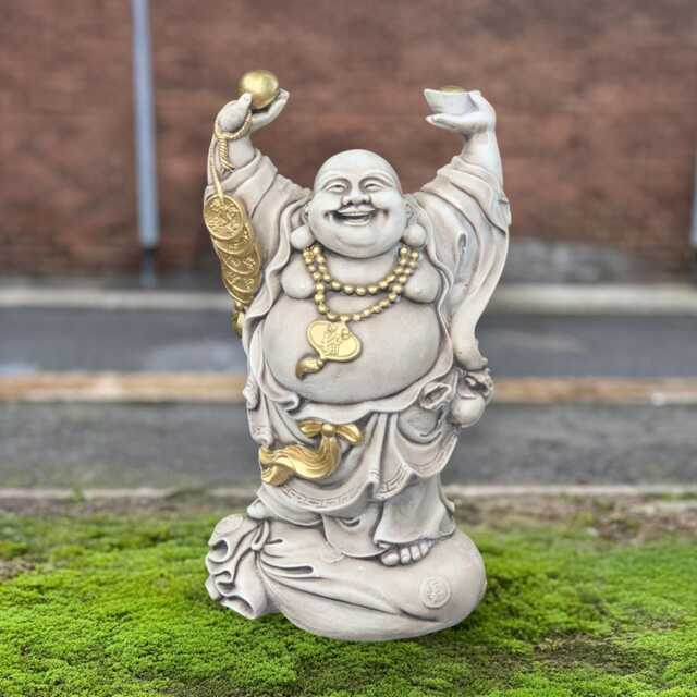 Laughing Buddha Sculpture Stone Smiling Statue Concrete Zen Garden Decor Feng Shui Ornament Asian Style Figurine Front Door Art Gift - image 1