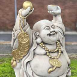 Laughing Buddha Sculpture Stone Smiling Statue Concrete Zen Garden Decor Feng Shui Ornament Asian Style Figurine Front Door Art Gift - thumbnail 2